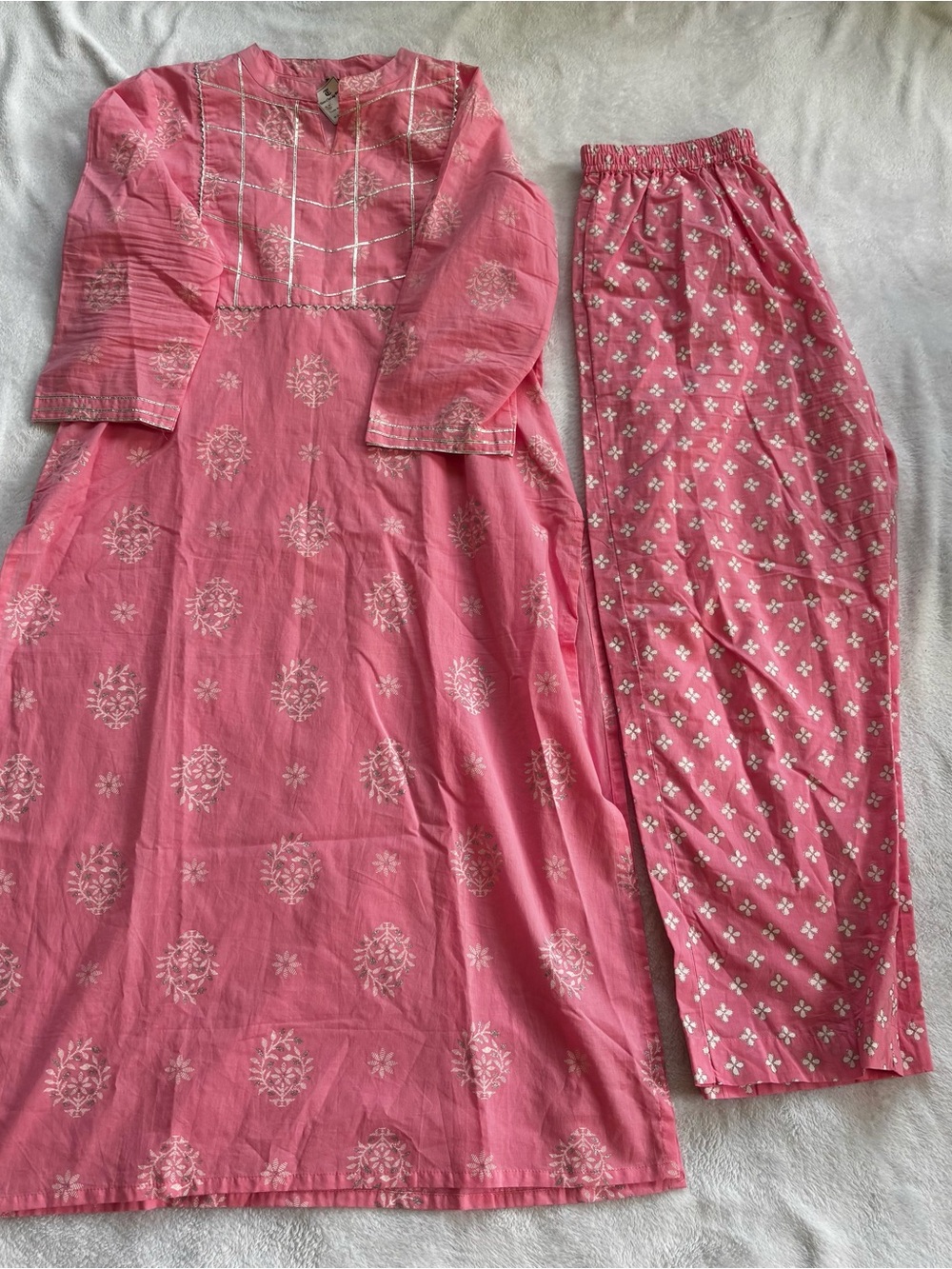 Women’s Pink Block Print Kurti & Pants Set Size L - Silver Gota Patti Detail